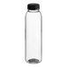 A clear round rPET juice bottle with a black lid.