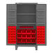 A metal Durham storage cabinet with red bins on shelves.