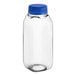 A clear plastic 8 oz. Tall Square PET juice bottle with a blue cap.