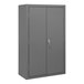 A gray metal shelf cabinet with lockable doors.