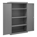 A gray metal shelf cabinet with open doors.