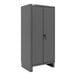 A grey metal Durham storage cabinet with two doors.