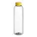 A 16 oz. clear round rPET juice bottle with a yellow lid.