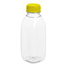 A clear plastic 12 oz. Square Milkman juice bottle with a yellow lid.