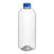 A clear plastic 32 oz. square juice bottle with a blue cap.