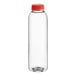 A clear plastic juice bottle with a red cap.