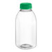 A 12 oz. clear square rPET juice bottle with a green lid.