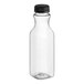 A clear plastic 12 oz. square carafe juice bottle with a black lid.