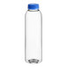 A clear plastic bottle with a blue cap.