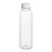 A clear plastic juice bottle with a white cap.