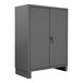 A gray metal Durham Mfg storage cabinet with two doors.