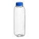 A clear plastic tall square juice bottle with a blue lid.