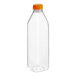 A clear plastic 32 oz. Tall Square Milkman juice bottle with an orange cap.