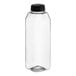 A clear plastic 16 oz. tall square juice bottle with a black lid.