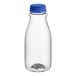 A 12 oz. clear PET round juice bottle with a blue plastic cap.