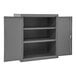 A gray metal cabinet with open doors.