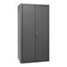 A gray metal shelf cabinet with a lockable flush door.