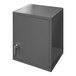 A gray metal cabinet box with a handle and lock.