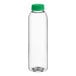 A clear plastic bottle with a green cap.