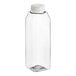 A clear plastic 16 oz. Tall Square rPET juice bottle with a white plastic lid.