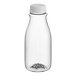 A close-up of a 12 oz. clear plastic carafe juice bottle with a white lid.
