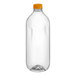 A clear plastic square juice bottle with an orange cap.