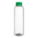 A clear plastic 16 oz. round juice bottle with a green cap.