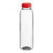 A clear round rPET juice bottle with a red lid.