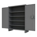 A grey Durham Manufacturing steel storage cabinet with open doors and shelves.