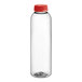 A clear round rPET juice bottle with a red lid.