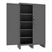 A grey Durham 4-shelf metal storage cabinet with two doors.