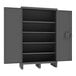 A grey 14 gauge steel Durham storage cabinet with open doors and a grey box on one door.