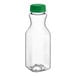 A clear plastic carafe juice bottle with a green lid.