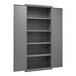 A gray metal shelf cabinet with adjustable shelves.
