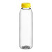 A clear plastic round juice bottle with a yellow lid.
