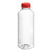 A clear plastic 16 oz. square juice bottle with a red lid.