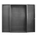 A grey metal Durham storage cabinet with louvered doors.