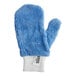 A blue mitten with white microfiber on one side.