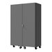 A grey Durham Manufacturing storage cabinet on wheels.