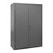 A gray metal shelf cabinet with two doors.
