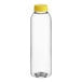 A 16 oz. clear PET juice bottle with a yellow lid.