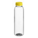 A clear rPET juice bottle with a yellow lid.