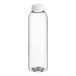 A clear plastic juice bottle with a white lid.