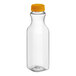 A clear plastic carafe juice bottle with an orange lid.