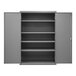 A grey metal Durham storage cabinet with shelves.