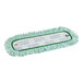 A close-up of a Lavex green and white microfiber dust mop pad with hook and loop fringe.