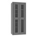 A gray metal ventilated shelf cabinet with a lock and mesh doors.