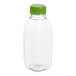 A clear plastic 12 oz. Square Milkman juice bottle with a lime green lid.