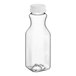 A clear plastic 10 oz. square carafe juice bottle with a white lid.