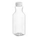 A clear plastic square carafe juice bottle with a white lid.